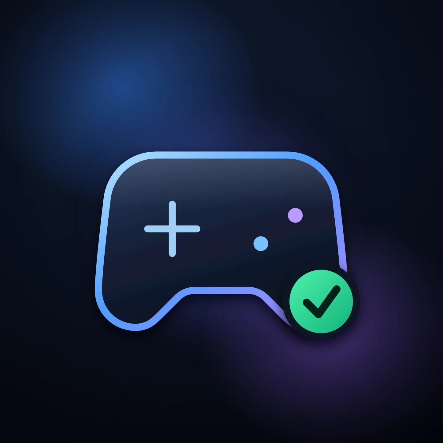 Illustration of a game controller with a green check badge, in blue and violet light.