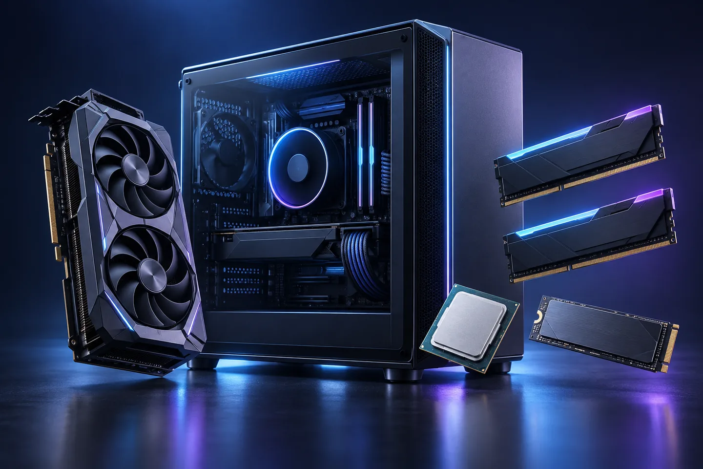 Illustration of a desktop PC with a graphics card, memory, processor and SSD in blue and violet light.